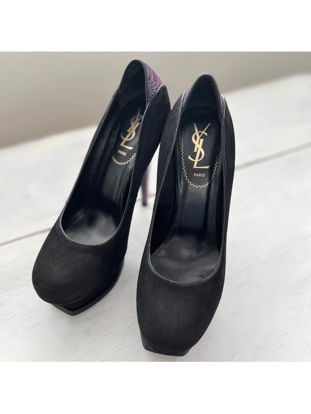 YSL YVES SAINT LAURENT Tribute 105 BLACK Suede Ostrich HEELS Pumps EU 37 /6.5 US